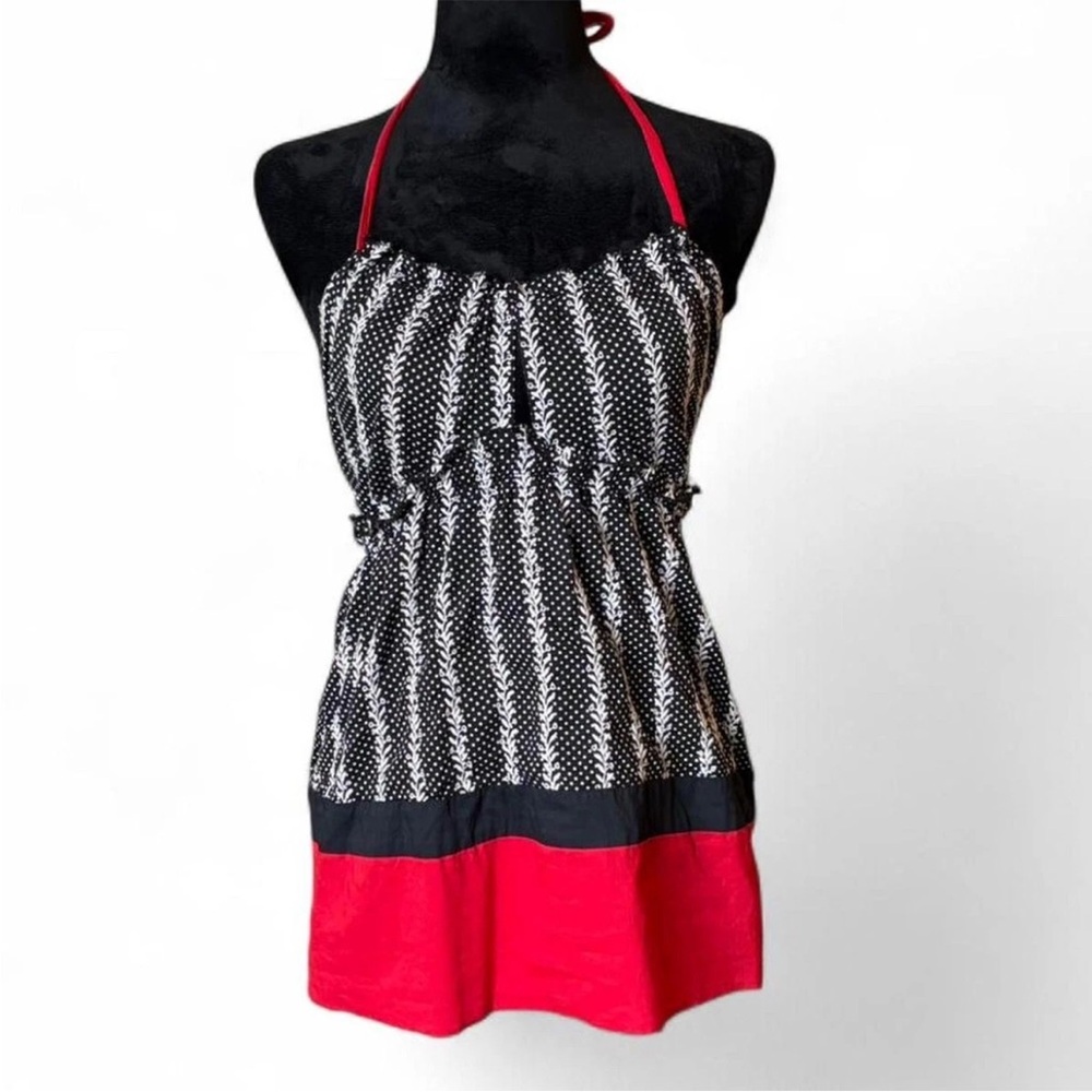 Black & White Striped Halter Top with Red Hem